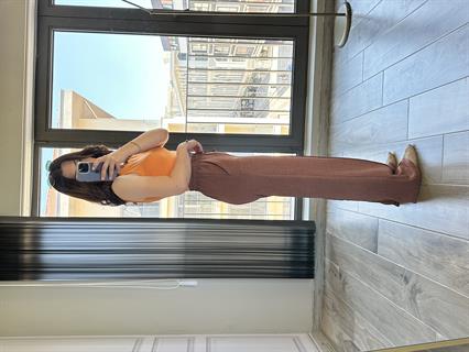 Kahve Keten Önden Dikişli Bol Pantolon