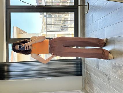 Kahve Keten Önden Dikişli Bol Pantolon