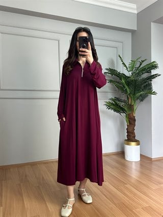 Karina Bordo Fermuarlı Cepli Basic Elbise