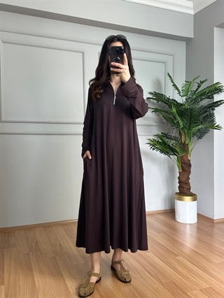 Karina Kahve Fermuarlı Cepli Basic Elbise