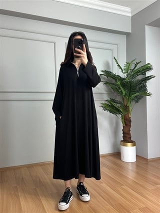 Karina Siyah Fermuarlı Cepli Basic Elbise