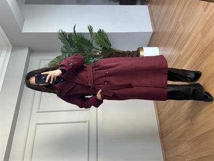 Karla Bordo Manşetli Premium Kalite Kaşe Kaban