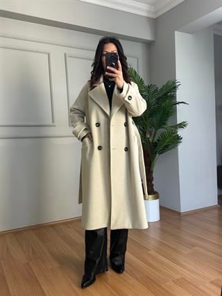 Karla Krem Manşetli Premium Kalite Kaşe Kaban