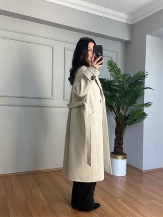 Karla Krem Manşetli Premium Kalite Kaşe Kaban