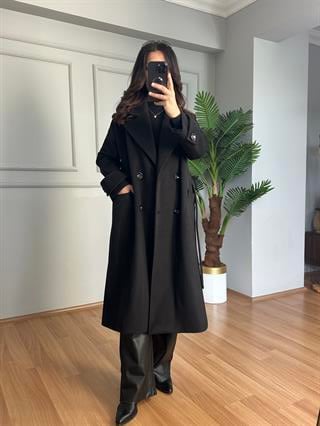Karla Siyah Manşetli Premium Kalite Kaşe Kaban