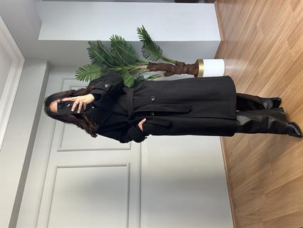 Karla Siyah Manşetli Premium Kalite Kaşe Kaban