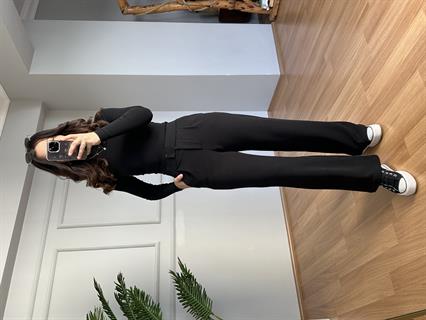 Kendy Siyah Likralı Bel Çift Düğmeli Palazzo Pantolon