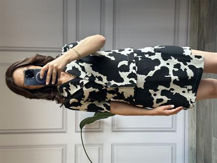 Keten Siyah Beyaz Desenli Şort Etek Gömlek Takım