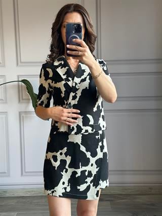 Keten Siyah Beyaz Desenli Şort Etek Gömlek Takım