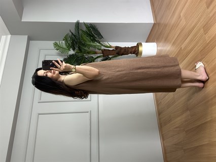 Kety Kahve Keten Kalın Askılı Elbise