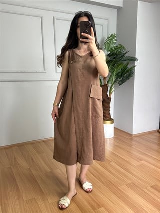 Kety Kahve Keten Kalın Askılı Elbise