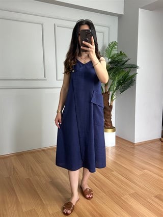 Kety Lacivert Keten Kalın Askılı Elbise