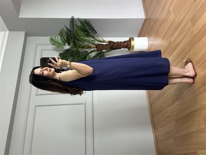 Kety Lacivert Keten Kalın Askılı Elbise