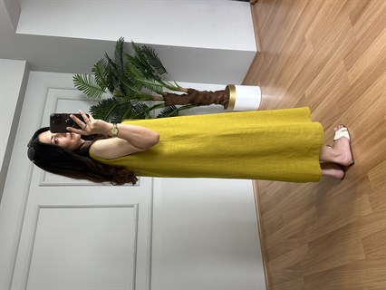 Kety Yağ Yeşili Keten Kalın Askılı Elbise