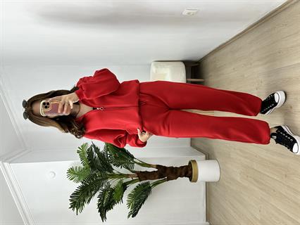 Kırmızı Üç İplik Şardonlu Parça Detaylı Eşofman Takımı