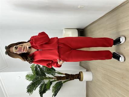 Kırmızı Üç İplik Şardonlu Parça Detaylı Eşofman Takımı