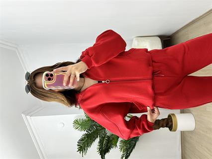 Kırmızı Üç İplik Şardonlu Parça Detaylı Eşofman Takımı