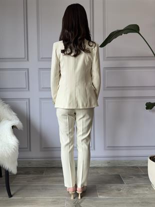 Krem Çizgili Kumaş Pantolon