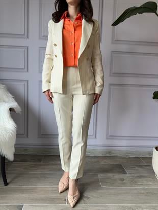 Krem Çizgili Kumaş Pantolon