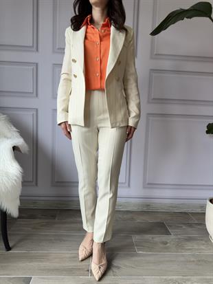 Krem Çizgili Kumaş Pantolon