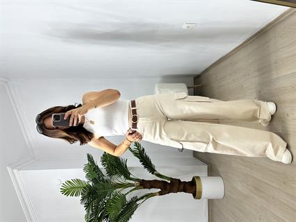 Krem Kargo Cep Denim Pantolon