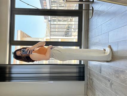 Krem Keten Önden Dikişli Bol Pantolon