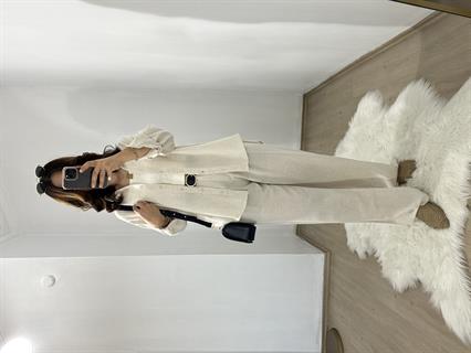 Krem Tam Pamuk Keten Gömlek Pantolon Takım