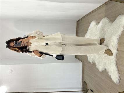 Krem Tam Pamuk Keten Gömlek Pantolon Takım