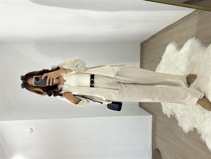 Krem Tam Pamuk Keten Gömlek Pantolon Takım