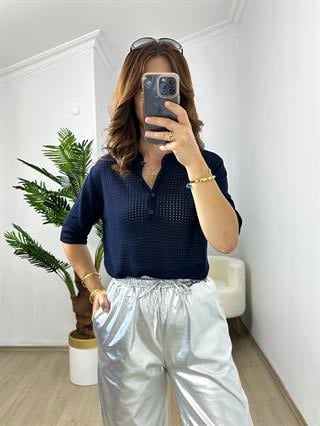 Lacivert Delikli Polo Yaka Triko