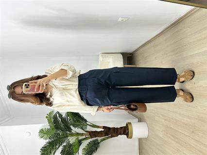 Lacivert Tencel Gabardin Kumaş Kargo Cepli Havuç Pantolon