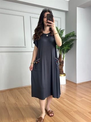 Lara Antrasit Ponpon Cepli Likralı Elbise 