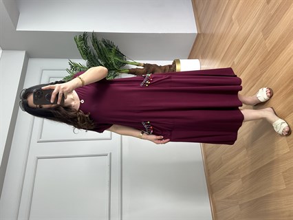 Lara Bordo Ponpon Cepli Likralı Elbise