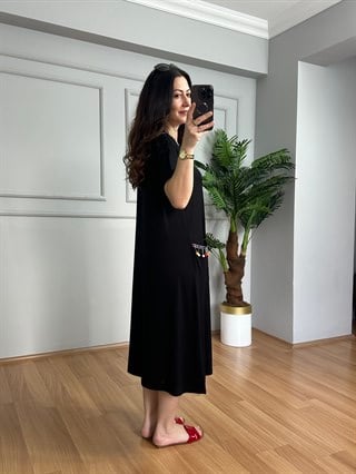 Lara Siyah Ponpon Cepli Likralı Elbise