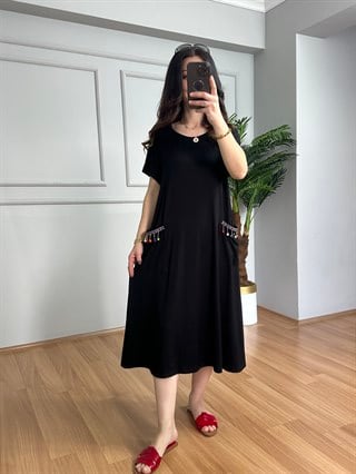 Lara Siyah Ponpon Cepli Likralı Elbise