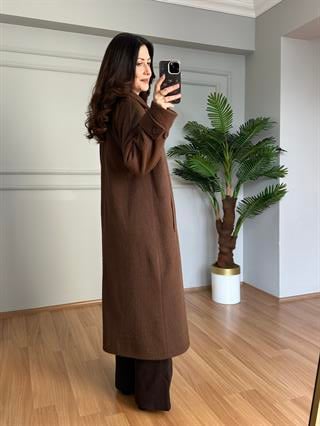 Liva Acı Kahve Premium Broş Detaylı Gizli Çıtçıtlı Kaşe Kaban