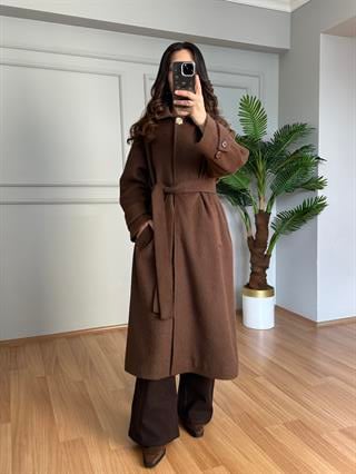 Liva Acı Kahve Premium Broş Detaylı Gizli Çıtçıtlı Kaşe Kaban