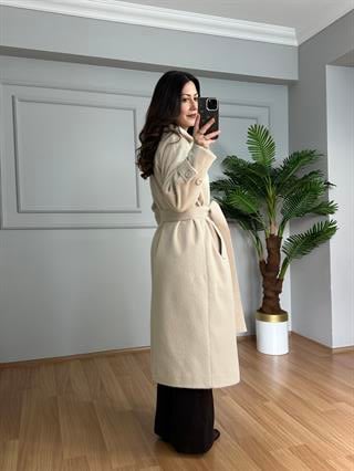 Liva Krem Premium Broş Detaylı Gizli Çıtçıtlı Kaşe Kaban