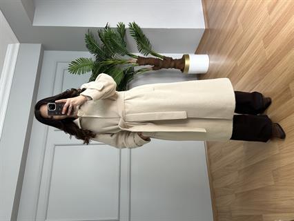 Liva Krem Premium Broş Detaylı Gizli Çıtçıtlı Kaşe Kaban