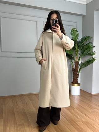 Liva Krem Premium Broş Detaylı Gizli Çıtçıtlı Kaşe Kaban