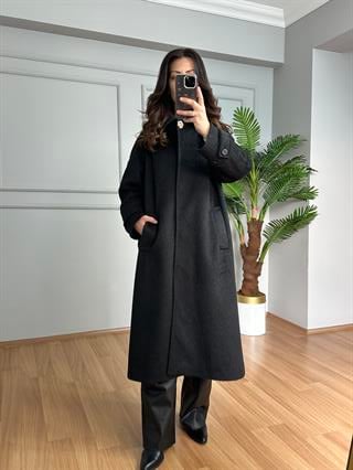 Liva Siyah Premium Broş Detaylı Gizli Çıtçıtlı Kaşe Kaban