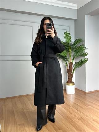 Liva Siyah Premium Broş Detaylı Gizli Çıtçıtlı Kaşe Kaban