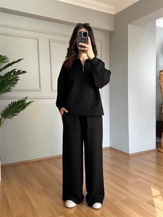 Lora Siyah Modal Kumaş Fermuarlı Eşofman takımı