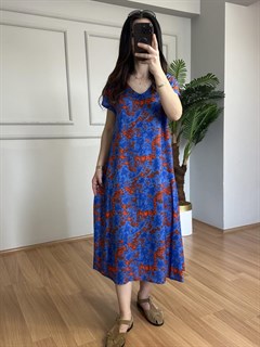 Loren Mavi Dokuma Viskon V Yaka Elbise