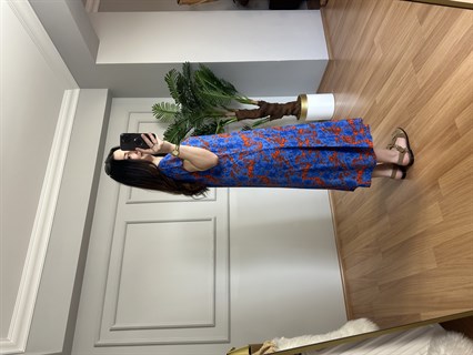 Loren Mavi Dokuma Viskon V Yaka Elbise