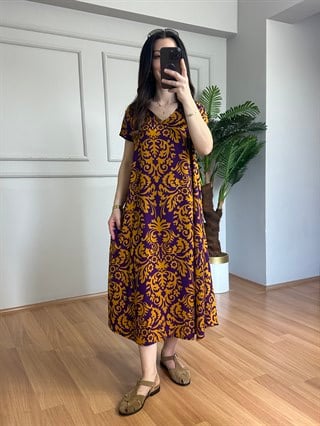 Loren Mor Dokuma Viskon V Yaka Elbise