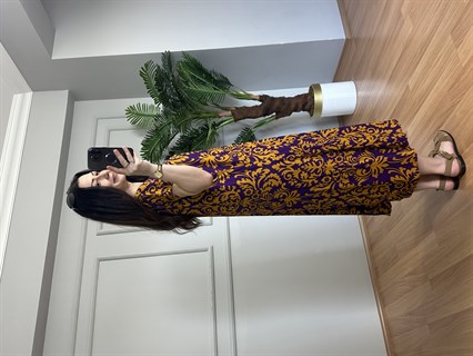 Loren Mor Dokuma Viskon V Yaka Elbise