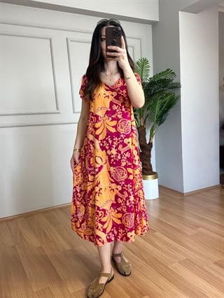 Loren Sarı Dokuma Viskon V Yaka Elbise