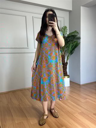 Loren Turkuaz Dokuma Viskon V Yaka Elbise