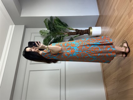 Loren Turkuaz Dokuma Viskon V Yaka Elbise